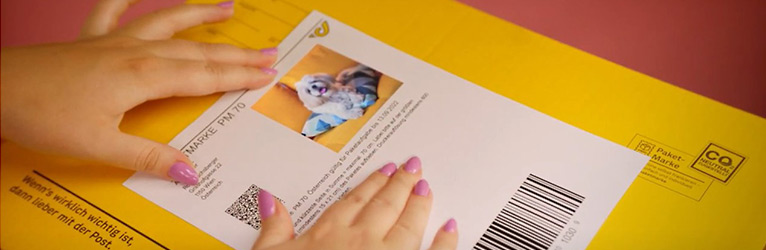 Persoenlich gestaltete Paketmarke wird auf Paket geklebt