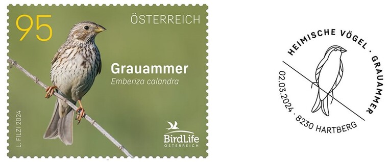 Briefmarke der Grauammer mit passendem Stempel
